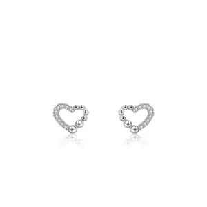 Asymmetrical 925 sterling silver heart stud earrings with cubic zirconia and beads