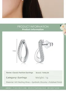 Detail view of S925 sterling silver water drop stud earrings with size and material specs