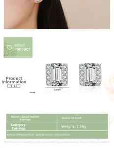 Detail view of S925 sterling silver rectangular earrings with cubic zirconia and size info