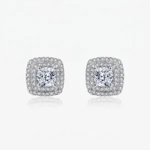 Luxury 925 Sterling Silver Square Double Halo Stud Earrings For Women Shiny Zirconia Micro Inlaid Fine Jewelry Accessory Gift