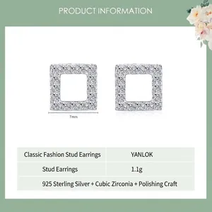 Minimalist S925 sterling silver square stud earrings with cubic zirconia and dimensions