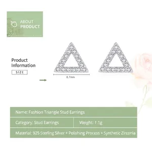 Minimalist 925 sterling silver triangle stud earrings with cubic zirconia stones