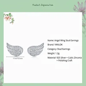 S925 sterling silver angel wing stud earrings with sparkling cubic zirconia inlay