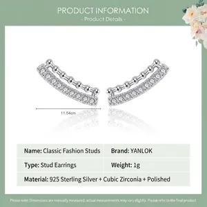 Elegant 925 sterling silver curved double row cubic zirconia stud earrings for women