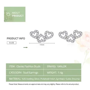 Boucles d'oreilles en argent 925 avec trois cœurs sertis de oxydes de zirconium