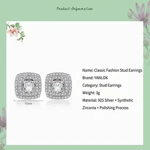 Sparkling 925 sterling silver square stud earrings with zircons and 10mm width measurement