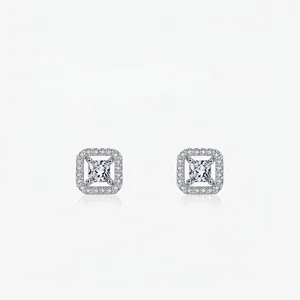 925 Sterling Silver Square Halo Stud Earrings For Women With Zirconia Minimalist Inlaid Exquisite Fashion Jewelry For Daily Wearing