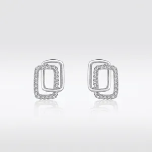 Minimalist 925 Sterling Silver Intertwined Geometric Stud Earrings With Zirconia Double Layer Rectangular Jewelry For Women