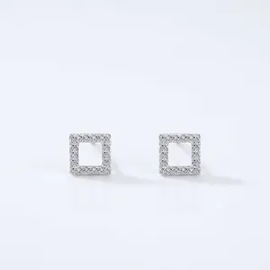 S925 sterling silver square stud earrings with pavé set crystals on white background