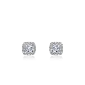 Sparkling 925 sterling silver cushion cut double halo stud earrings for women