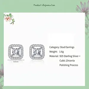 Minimalist S925 sterling silver square halo stud earrings with princess cut cubic zirconia