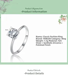 Detail view of S925 sterling silver ring with 6mm square cubic zirconia and 1.5g weight