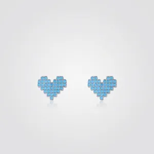 925 Sterling Silver Pixel Art Heart Stud Earrings Light Blue Zirconia Inlaid Sweet Fashion Jewelry Ear Accessories For Women