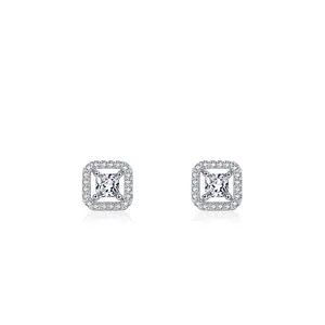 Elegant s925 silver square halo stud earrings with princess cut cubic zirconia stones