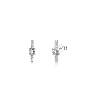 Elegant S925 sterling silver stud earrings with square zircon center and small round stones