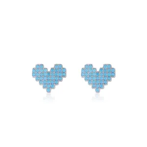 Minimalist S925 sterling silver heart studs with pixelated turquoise stones