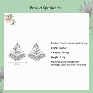 Classic 925 sterling silver V-shape geometric stud earrings with marquise cubic zirconia