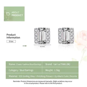 Elegant 925 sterling silver square stud earrings with shimmering cubic zirconia stones
