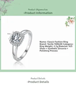 Macro shot of S925 sterling silver stamp and cushion cut cubic zirconia detail on ring