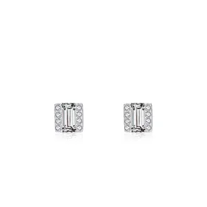 Luxurious S925 sterling silver square stud earrings with rectangular zircon center stone