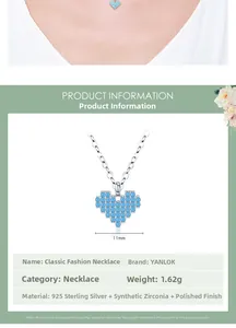 Détail du collier cœur en argent 925 avec zircon turquoise et spécifications de taille