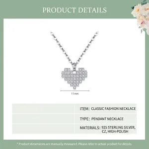 S925 sterling silver pixel heart necklace with cubic zirconia, size 11mm, 1.62g weight