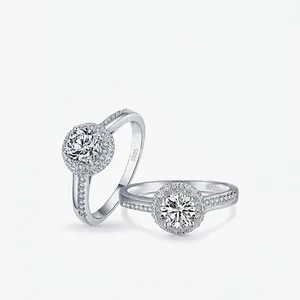 Bague Halo en Argent Sterling 925 de Luxe avec Zirconia Coupe Ronde Scintillante Bague de Fiançailles pour Femme Bijoux Fins
