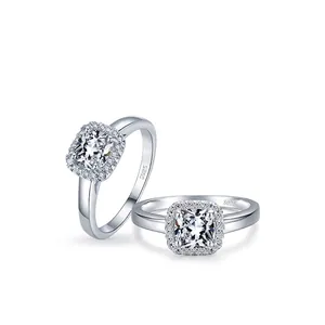 Luxurious S925 sterling silver ring set featuring cushion cut halo square stones