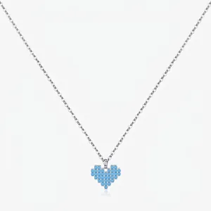 Collier Cœur Pixel en Argent Sterling 925 avec Zirconia Bleu Incrusté Style Doux Élégant Chaîne de Clavicule Bijoux pour Femmes