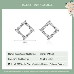 S925 sterling silver geometric rhombus stud earrings with cubic zirconia and polished finish