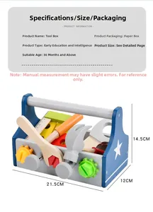 Wooden tool box for kids featuring hammer and wrench with dimensions 21.5x12x14.5cm