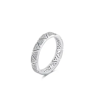 S925 sterling silver ring featuring geometric triangle patterns with pavé cubic zirconia