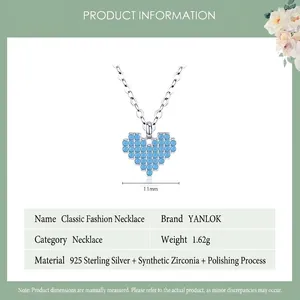 Collier cœur pixel en argent 925 avec pendentif zircone bleu, largeur 11mm et poids 1,62g