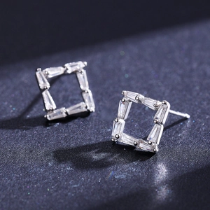 Polished S925 silver hollow square stud earrings with sparkling zircon stones