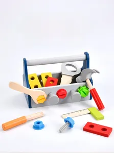 Detailed view of children's wooden tool kit including wooden hammer wrench and screwdriver