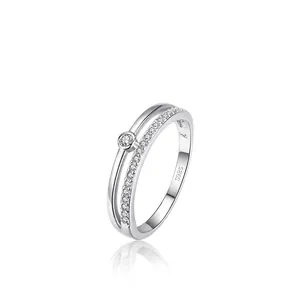 S925 sterling silver layered ring with round center stone and pavé-set details