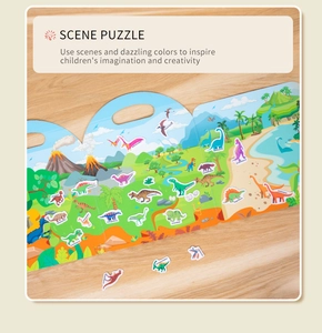 Detail of dinosaur scene puzzle with foldable board and labeled T-Rex and Triceratops