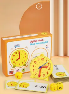 Close-up of educational digital clock time learning kit with cards and dice for toddlers