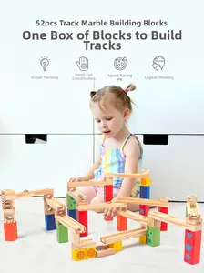 Detailed close-up of 52pcs wooden marble run set showing tracks and colorful blocks