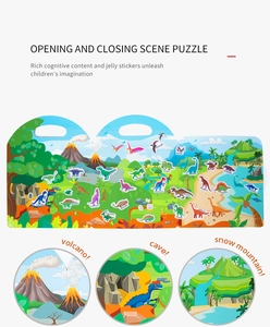 Detail of dinosaur jelly sticker book with volcano forest and beach scenes for kids