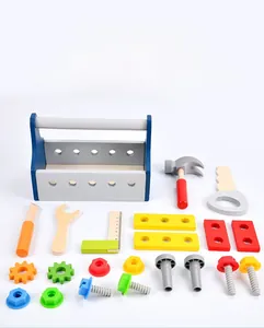 Detailed view of children's wooden tool box set with screws and colorful gears