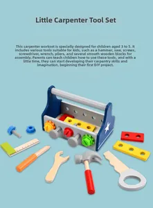 Detailed spread of kids wooden tool set with blue toolbox, wooden screws and wrench toys