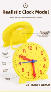 Educational clock model with yellow frame, colored hands, and adjustable rear knob