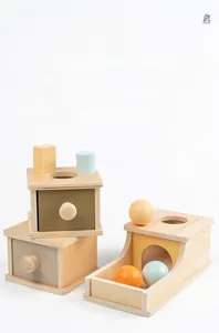 Detail of Montessori wooden object permanence box with macaron colored geometric blocks