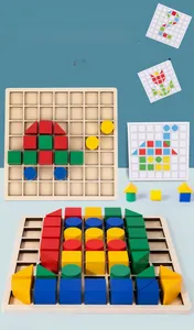 Detailed view of colorful wooden geometric blocks and puzzle base for early learning