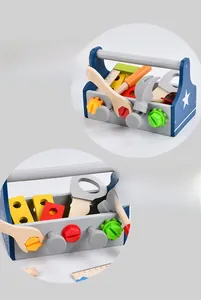 Detail of wooden tool box set featuring a toy hammer, wrench and colorful screws