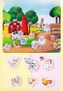 Detail showing 2/5 farm animal theme busy book stickers with cows, horses, and windmill