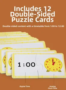 Detailed educational set with 12 double-sided puzzle cards for learning digital time