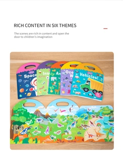 Detail of reusable sticker book themes showing interactive scenes for kids early learning