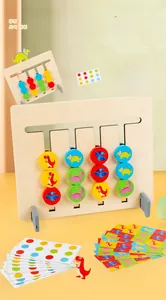 Detail of wooden dinosaur logical game with colorful sliders and challenge cards for kids